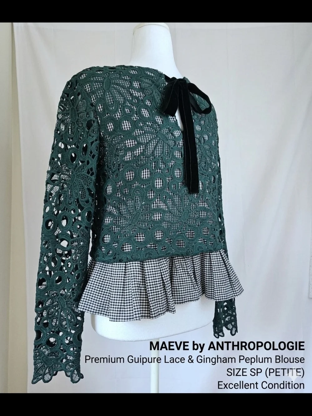 ​Maeve Anthropologie Dark Green Floral Guipure Lace & Gingham Peplum Blouse,Sz S